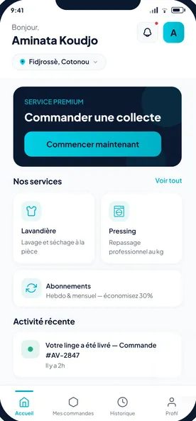 Écran d'accueil de l'application Avoyanto Pro : commander une collecte, nos services, activité récente