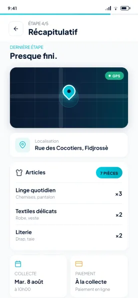 Écran « Récapitulatif » : adresse, articles, date de collecte et paiement