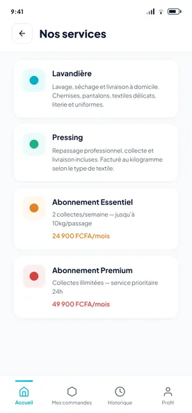 Écran « Nos services » : Lavandière, Pressing et abonnements