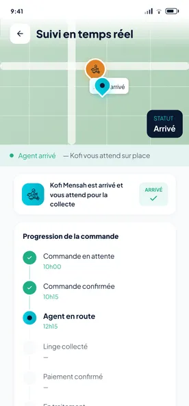 Écran « Suivi en temps réel » : position de l'agent et progression de la commande
